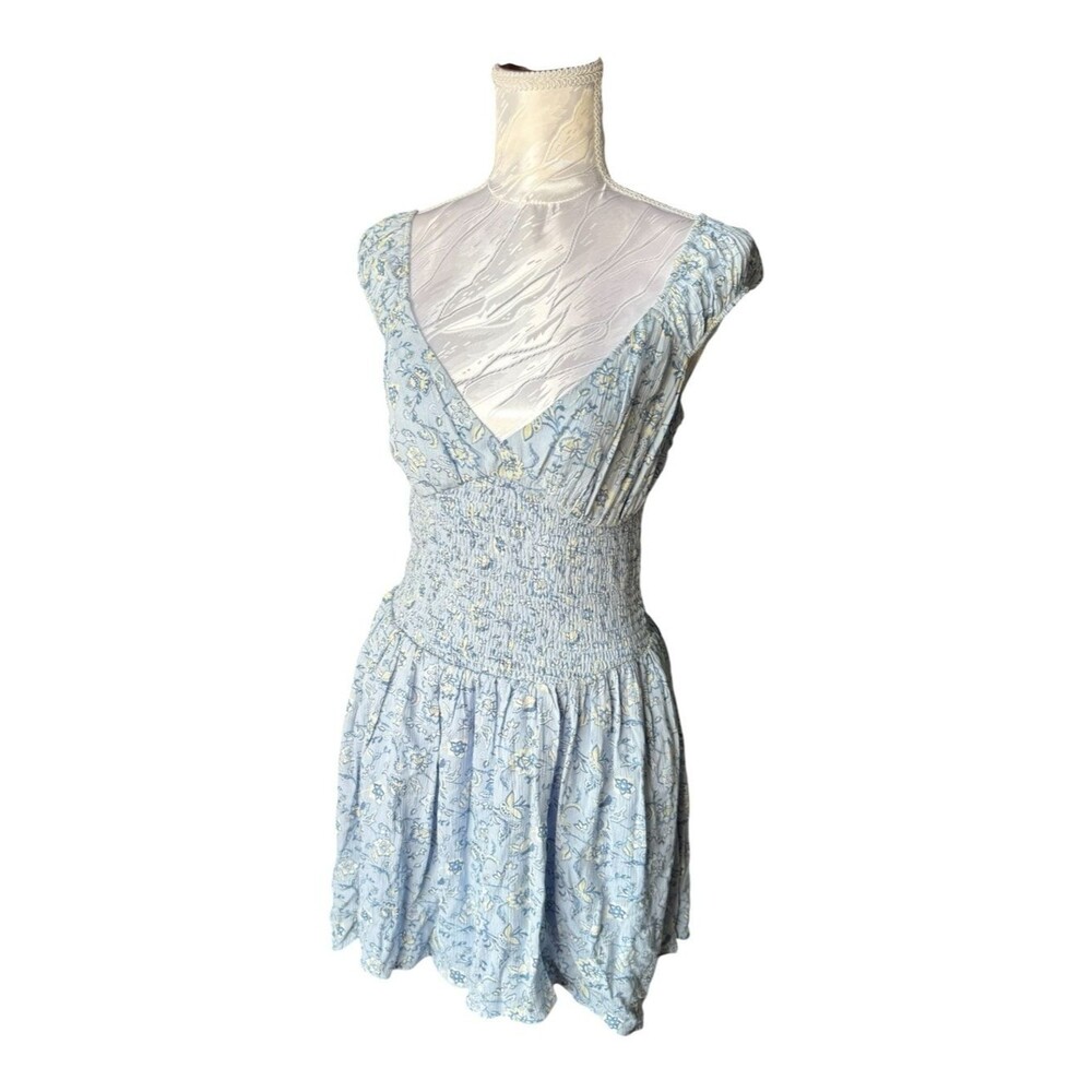 Hollister Light Blue Floral Smocked Waist V-Neck Dress